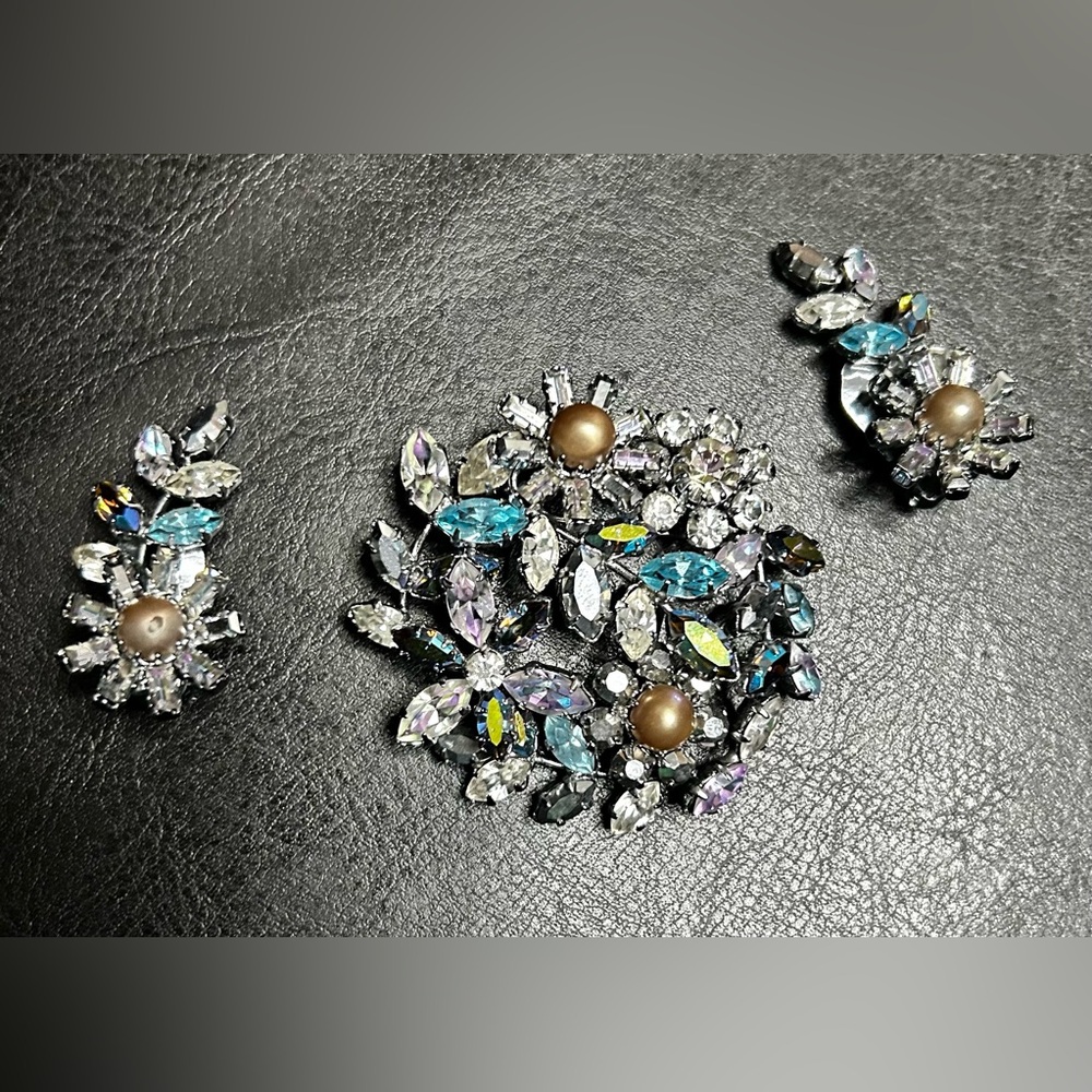 Signed Made in Austria Crystal and Pearl Brooch with Clip Earrings